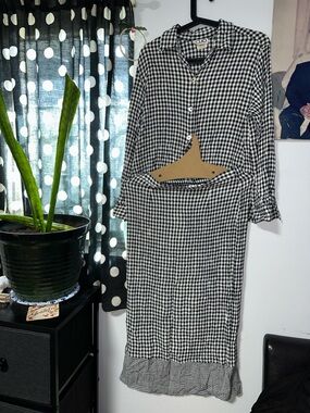 Clio Black and White Gingham Button-Up Dress with Ruffle Hem